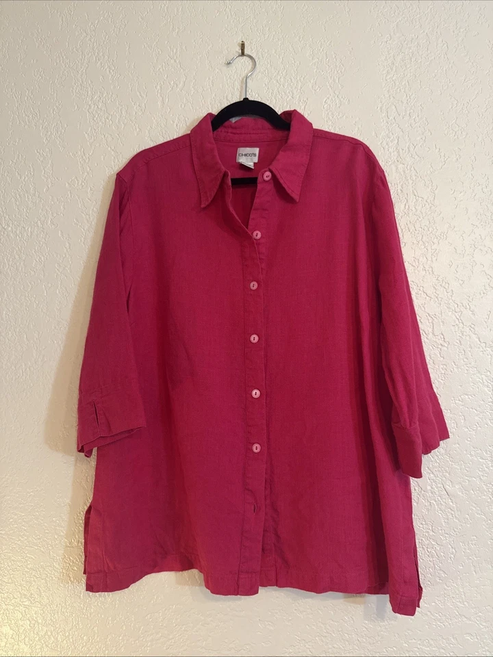 Blusa rosa Chico’s 100 % lino, abotonada, manga 3/4, 3xl nueva sin etiquetas Foto 1 de 4
