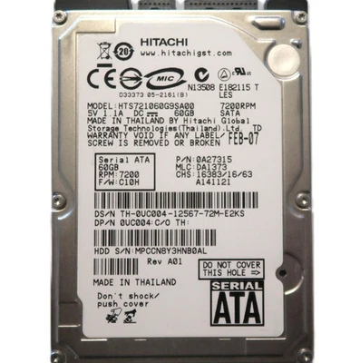 Hitachi HTS721060G9SA00 MLC:DA1373 P/N:0A27315 60gb Sata 2.5" Hard Drive 2007 - Image 1 of 4