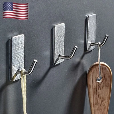8x Kitchen Hooks Self Adhesive Metal Wall Door Hanger Clothes Stick On Bathroom - Image 1 of 4
