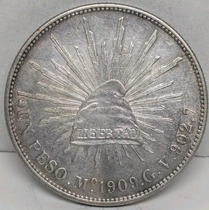1909 Mo GV Mexico - 1 Peso Cap & Rays - Silver - KM409.2 - AU About Uncirculated - Picture 1 of 2