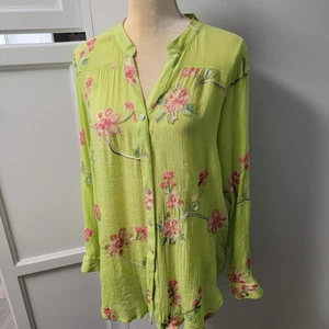 Figueroa & Flower Womens L Embroidered Floral Roll Tab Sleeve Tunic Bright Green - Picture 1 of 15