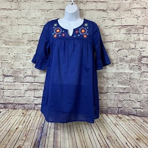 Lands End Top Girls Size XL Blue Floral Embroidered Cotton 3/4 Sleeve - Picture 1 of 12