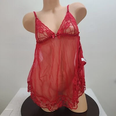 Babydoll Fredericks Of Hollywood Mujer Pequeño Rojo Transparente Lazo Floral 2 Piezas Foto 1 de 4
