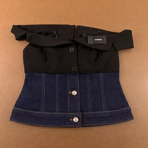 Express Women's 0 Denim Twill Off The Shoulder Faux Button Front Corset Top NWT - Picture 1 of 9