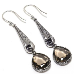 Pendientes facetados de cuarzo ahumado con piedras preciosas enchapados en plata joyería 3" - Imagen 1 de 1