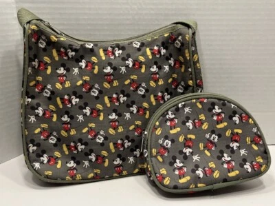 Disney Mickey Mouse Olive Green Zipper Shoulder Bag W/Matching Cosmetic Bag Foto 1 de 4