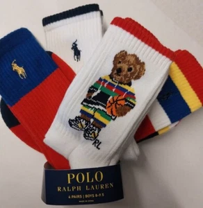 Big Boys Size 8-9.5 Ralph Lauren POLO Basketball BEAR Crew Socks Multi-Color 4pr - Picture 1 of 6