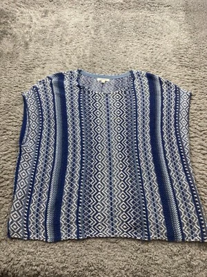 Suéter Orvis Mujer Pequeño Azul Lino Fair Isle Crochet Suroeste Tejido Poncho Foto 1 de 4