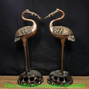 Old China Dynasty Bronze Red-crowned Crane Birds Ruyi Incense Burner Censer Pair - Picture 1 of 9