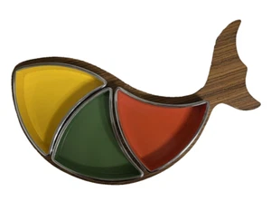Vintage MCM Retro Wooden Fish Colorful Melamine Serving Dish w Three Trays - Picture 1 of 9