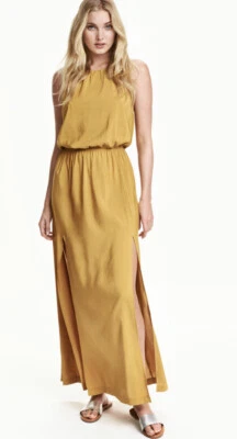 H&M Maxi Vestido Talla 10 Mujer Satinado Amarillo Mostaza Aberturas Laterales Frontales Sin Mangas S Foto 1 de 4