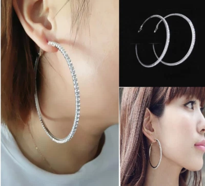 Pendientes de aro de cristal con estrás de plata Bling Bling de 3,5" círculo grande celebridad   Foto 1 de 4