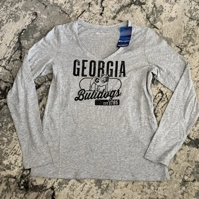 Champion New With Tag V-neck Georgia Bulldogs Long Sleeve Gray Shirt Size Medium - Image 1 of 4