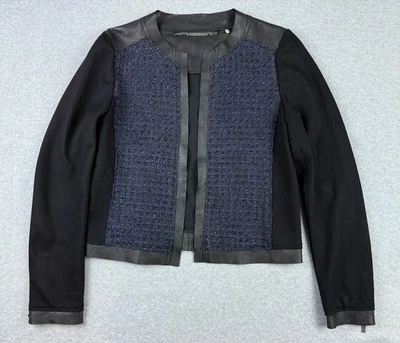 Chaqueta abierta Elite Tahari Cobalt Boucle Tweed Lana Cuero Corta Pequeña S Foto 1 de 4