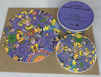 VTG 1970 Psychedelic Mother Goose Springbok Round 7" Puzzle Missing Pieces - Image 1 of 4