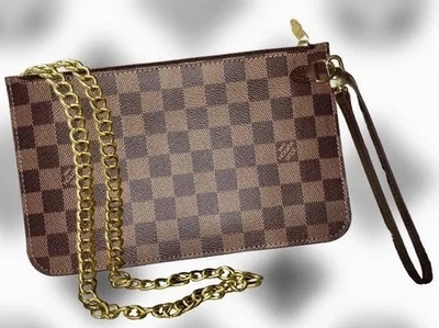 LOUIS VUITTON Damier Ebene / Red Neverfull Pochette Wristlet + Crossbody Chain - Image 1 of 4