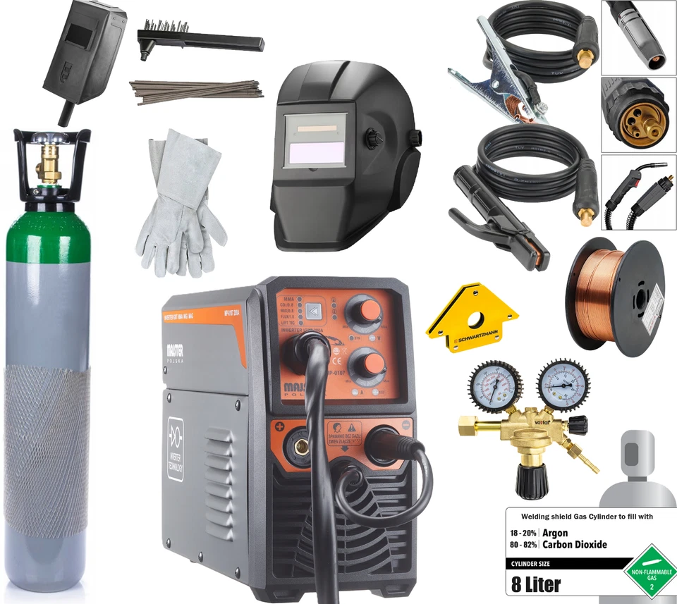 MIG MMA TIG Welder 200A Gas/Gasless Welding Synergy Machine 8L Gas cylinder - Image 1 of 4