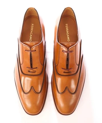 $1,790 FERRAGAMO - Leather Tan Brown "CORIAN" Oxfords - 9 EE - Image 1 of 4