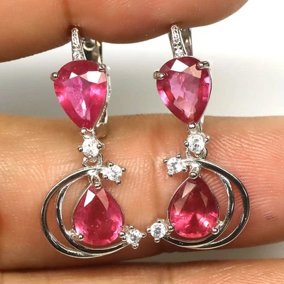 925 Sterling Silver Red Ruby & Cubic Zirconia Earrings White Gold Plated - Image 1 of 4