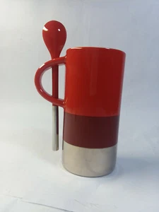 STARBUCKS ESPRESSO COFFEE MUG CUP WITH SPOON RED SILVER 8 oz 2014 - Picture 1 of 5