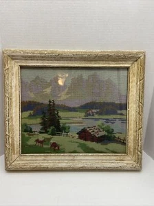 Vtg  NEEDLEPOINT Complete Wool Yarn and FRAME 15x17 Pastoral Scene - Picture 1 of 7
