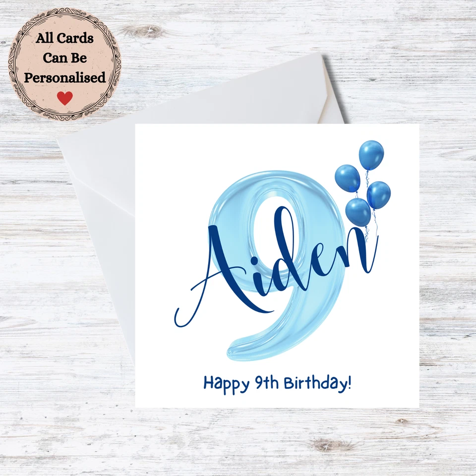 Handmade Personalised 9th Birthday Card - Boy Balloons Customisable Name - Image 1 of 1