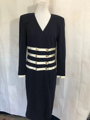 Vestido Traje Adrienne Vittadini Azul Marino Náutico Crema Ribete Cinta De Colección 80 S Foto 1 de 4