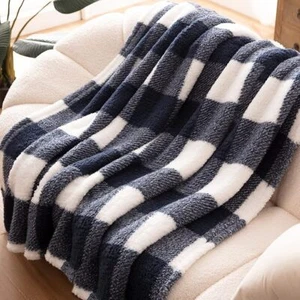 Blue White Checker Fluffy Sherpa Throw Blanket Soft Warm Lightweight 60"x 80" - Picture 1 of 3