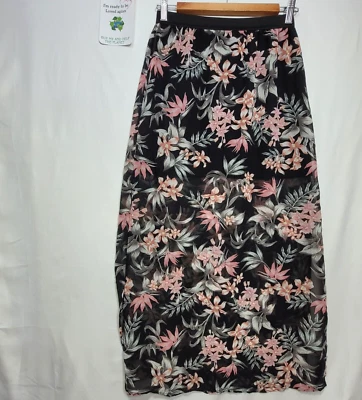 H&M Long Straight Skirts Women Size S Black Floral Elastic Waist Lined - Image 1 of 4
