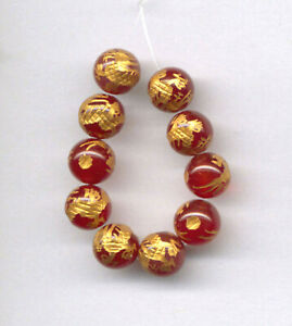 CARVED 10 KT. GOLD PLATED CARNELIAN 8MM DRAGON BEADS - 3" Strand - 4026