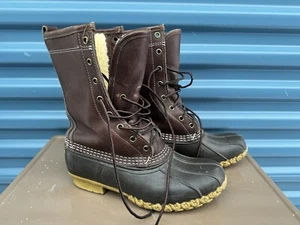 LL Bean Women's Brown Leather Shearling Lined Mid Calf Duck Boots Size 7 M - Picture 1 of 9