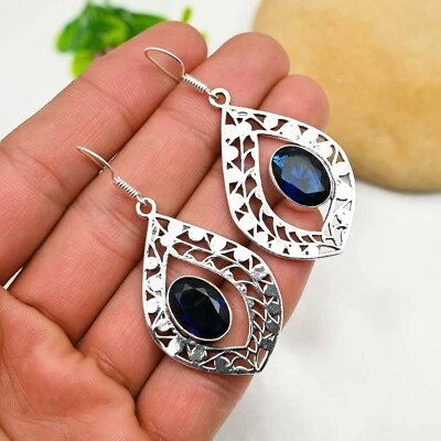 Lab-Created Blue Sapphire Gemstone Earring 925 Sterling Silver Handmade Jewelry - Image 1 of 4