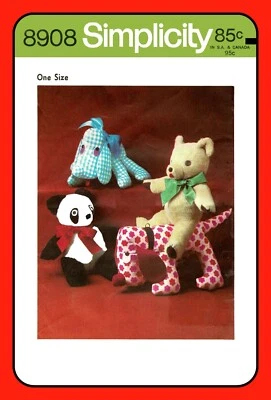 Stuffed Animal Pattern DOG Teddy Bear PANDA 15-18" Simplicity 8908 Vtg 1972 Toy - Image 1 of 4
