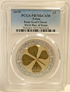 2019 Moneta d'argento 2019 $5 Palau quattro foglie primo giorno di emissione PCGS PR70 DCAM - Foto 1 di 6