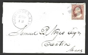 US 1853 SCOTT # 11A TYPE II TIED WORCESTER MASS. TO CANTON MASS. FOLDED LETTER - Picture 1 of 1