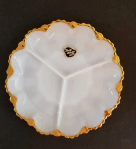 Anchor Hocking Fire King Milk Glass Divided Relish Tray Gold Trim with Sticker - Picture 1 of 14