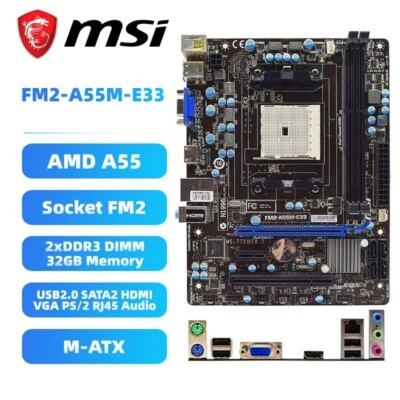 AMD A55 Motherboard MSI FM2-A55M-E33 FM2 DDR3 for AMD A-Series/Athlon X4/X2 CPU - Image 1 of 4