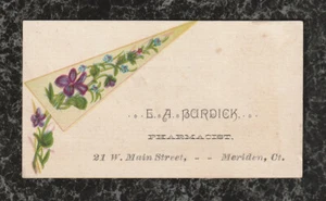 Viktorianische Visitenkarte & Handelskarte E A Burdick Apotheker Meriden CT Veilchen 3,5x2 - Bild 1 von 2