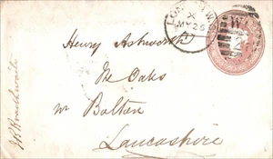 1877 QV 1d Pink Postal Stationery Envelope London WC to Bolton Postal History - Picture 1 of 3