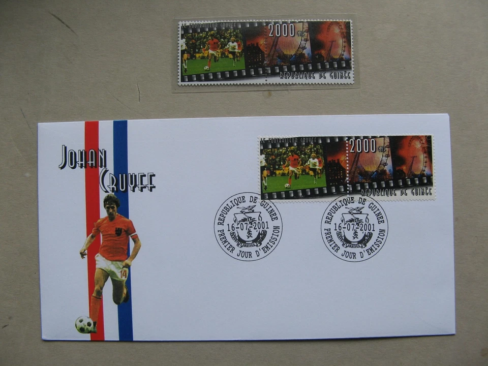 GUINEA, cover FDC 2001 + stamp MNH, personal stamp Johan Cruyff, soccer football - Image 1 of 1