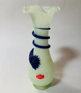 Murano Art Glass Vase 9" Green Opaline w/ Blue Spiral Wrap Italy - Picture 1 of 7