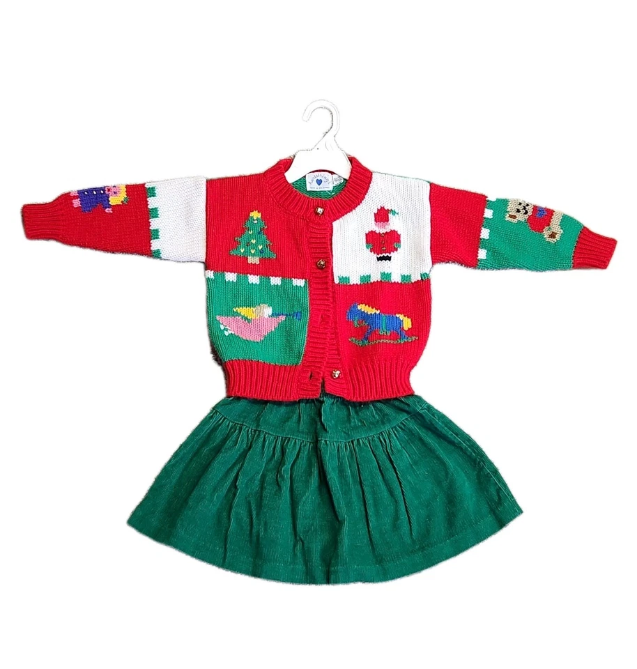 Cárdigan tejido Hartstrings vintage Navidad suéter falda conjunto 3T festivo años 90 Foto 1 de 4
