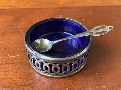 Sterling Salt Cellar & Cobalt Blue Glass Insert & Spoon - Image 1 of 4