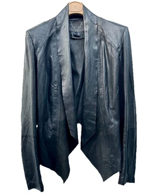 Bod & Christensen Waterfall Drape-Front Biker Black Leather Jacket, M - Image 1 of 4