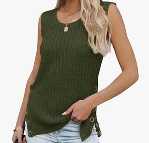 PiePieBuy Women’s Knit Tank Top Crew Neck Sleeveless Tunic Side Slit Button Vest - Picture 1 of 2