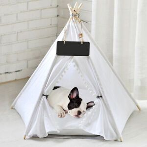 White Cotton Canvas Pet Teepee Nesting Beds Dog Puppy Cat Kennel Cushioned Tent