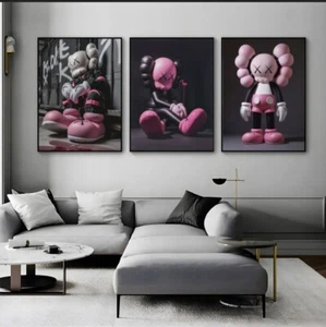 Set of 3 Kaws Pink & Black Art pieces canvas wall home decor Portrait Gallery - Picture 1 of 6