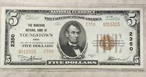 1929 Type-2 National Currency $5 Note - Charter 2350 Youngstown, OH - High Grade - Picture 1 of 6