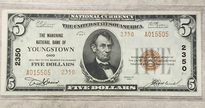 1929 Type-2 National Currency $5 Note - Charter 2350 Youngstown, OH - High Grade - Image 1 of 4
