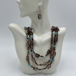 Multi-Strand Lucite & Seed Bead Turquoise Brown Faux Stone Necklace Earrings Set